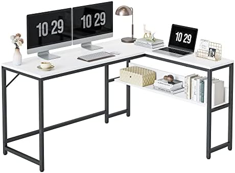 CubiCubiL Shaped Desk, 55.1 inch Corner Computer Desk with Storage Shelves, Home Office Desk with Bookshelf for Writing Gaming Study, White