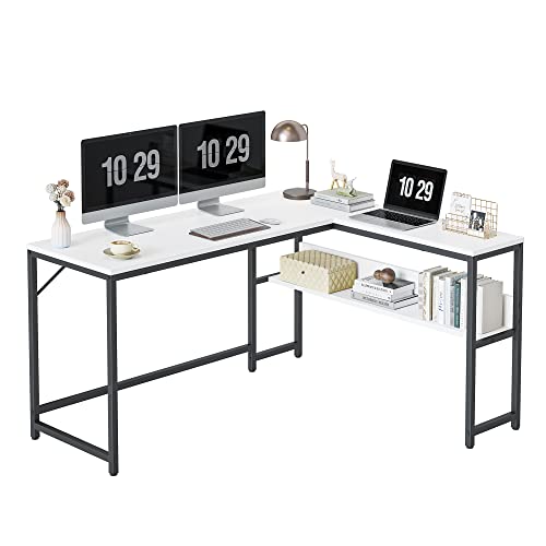 CubiCubiL Shaped Desk, 55.1 inch Corner Computer Desk with Storage Shelves, Home Office Desk with Bookshelf for Writing Gaming Study, White