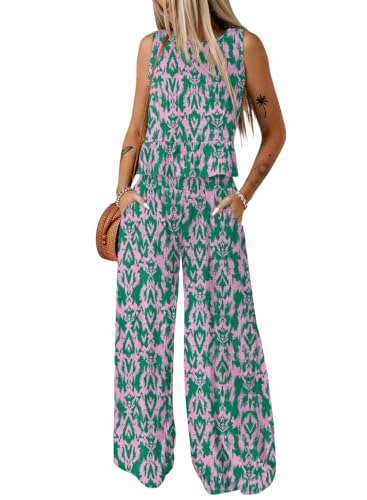 Image of Dokotoo Pants Sets Women 2 Piece Outfits Sleeveless Round Neck Tank Tops Matching Sets for Women Elastic Waist Wide Leg