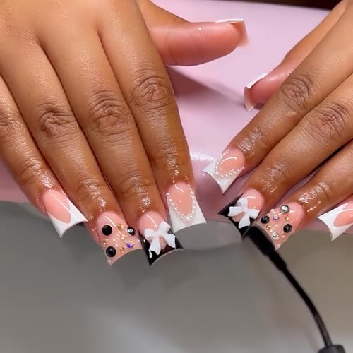 Image of French Tip Nails Press ons Black White Fake Nails Duck False Nails with Design Rhinestone Glue on Nails Bow Stick on Nails Glossy Artificial Acrylic Full Cover Nail for Women Girls Manicure 24Pcs