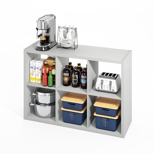 Image of Furinno HERMITE Kitchen Island, 6-Cube Coffee Bar, Extra Thick Kitchen Storage, Bakers Rack, for Pantry Organizers and Storage, Kitchen Organization, Light Grey