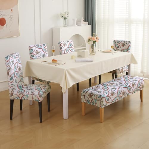 Image of HOKIPO Premium Velvet Cover Set for 4 Dining Chairs + 1 Dining Bench, Beige Persian Garden (AR-5799-D9)