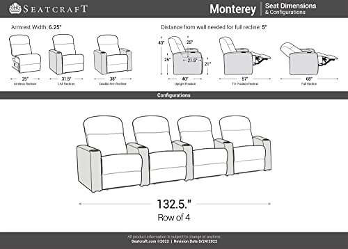 Seatcraft Monterey Home Theater Seating, Living Room, Powered Headrest, Powered Recline, Italian Leather, USB Charging, Included Swivel Tray Table, Row of 4, Black