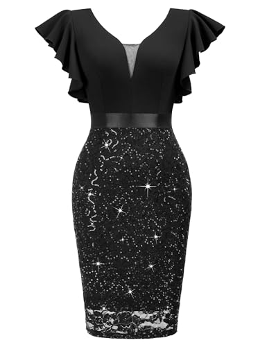 Miusol Women's Deep V Neck Ruffle Sleeve Glitter Sequined Floral Lace Cocktail Party Dress (Large, Black)3