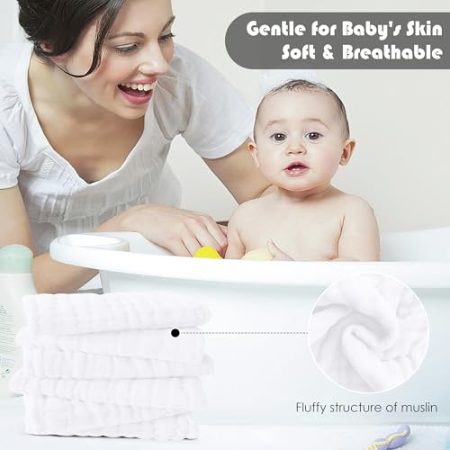 Image of Ease Cubs 12 Pack Muslin Washcloths for Baby - 100% Cotton Baby Wash Cloths for or Baby Face Body Comfy and Soft for Newborn Infants Kids Girls and Boys - 12 inchx12 inch - White