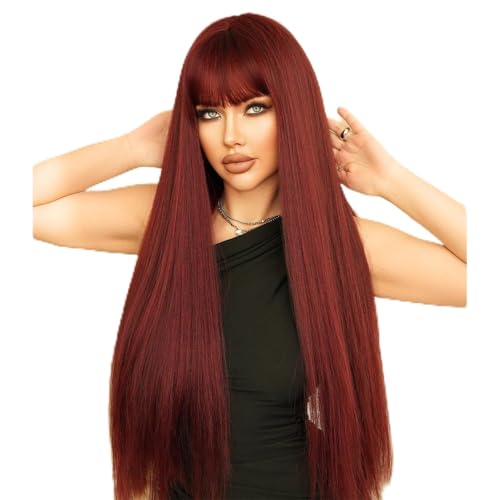 Perruque cheveux longs et raides Qi Bangs couvre-tête naturel moelleux femme