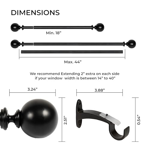 Image of Deco Window 18 inch-44 inch Adjustable Rustproof Curtain Rod for Doors & Windows with Brackets, Extendable Iron Metal Pipe Holder with Ball Wt Ac Bush Finials (Black,25MM Diameter)