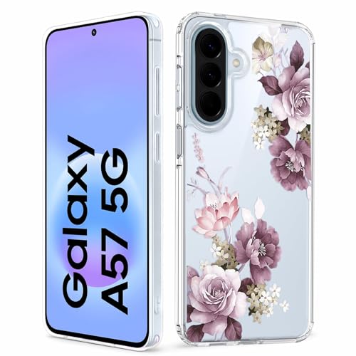 Image of Elzzi Clear Transparent Flower Cover for Samsung A57 5g Case Shockproof Case Floral Design Full Camera Protection Shockproof PC+TPU Covers for Girls & Women (Deep Purple)