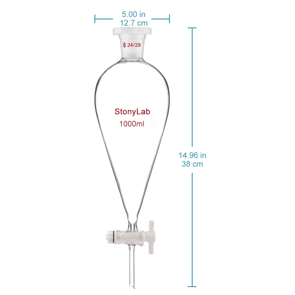 StonyLab Imbuto Separatore Conico da 1000ml in Vetro Borosilicato Pesante con Giunti 24/29 e Rubinetto di Chiusura in PTFE Conical Separatory Funnel - 1000ml