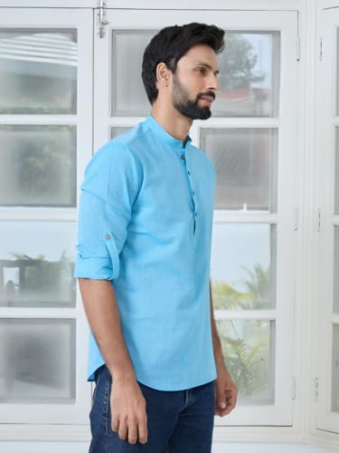 Image of See Designs Men's Roll-Up Sleeve Mandarin Collar Deluxe Cotton Solid Short Kurta (Pack of 2) - Festive Collection