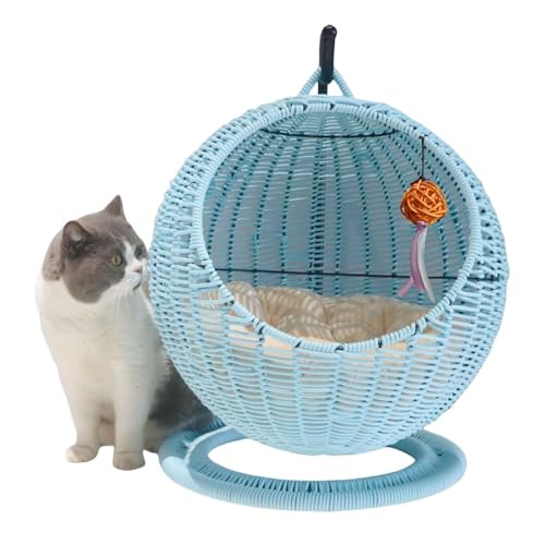 猫 ハンモック 籐猫ケージ、猫 ベッド 、猫 ハウス 天然素材製、半密閉型、小型家庭用猫の巣、ハンモック、ペットベッド、ハンギングバスケット、猫ちぐら 室内&屋外用 ハンドメイド 枝編み細工の猫用ベッド 取り外し可能なクッションとハンギングボール付き (ブ