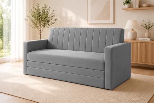 Image of Los Angeles Modern Velvet 3-Seater Sofa Cum Bed with Armrest, Multipurpose Convertible Sleeper Couch Sofa for Living Room, Bedroom & Office- Grey Color