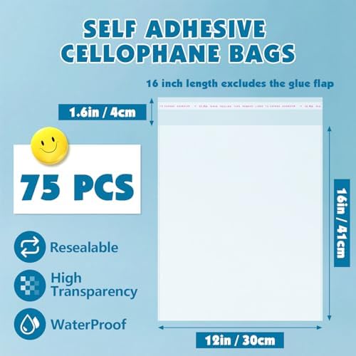 75 Pcs Clear Cellophane Bags, 12 x 16 Inch Self Sealing Shirt Bags — 사진 2