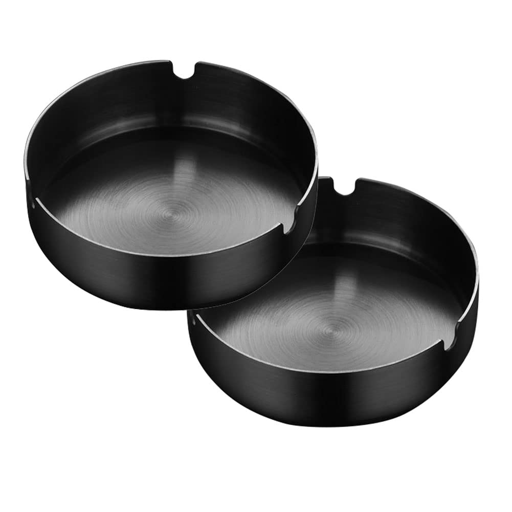 Simple Ashtray,2 PCS Round Stainless Steel Ash Holder Smokers Desktop Smoking Home Office Decoration Tray Cigarette Ashtray,Black,Medium