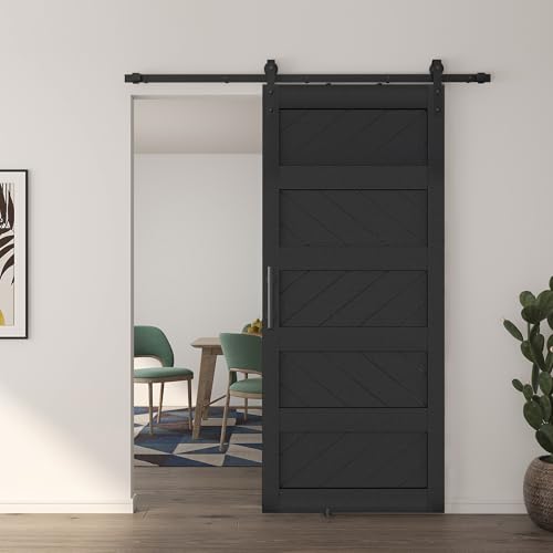 JUBEST 36' x 84' Barn Door, Slding Barn Door Kit Wave-Shape Barn Door Panel with Hardware Kit Include, Easy Installation, Solid Wood, MDF & PVC Covered, Black