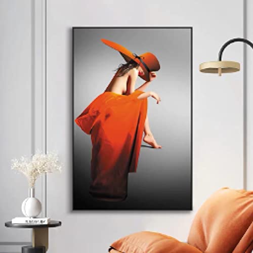 Affiche femme au chapeau orange peinture sur toile haute définition 80x110