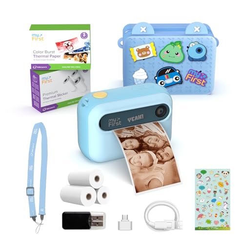 myFirst Camera Insta 20 Kids Instant Print Camera Bundle with EVA Carrying Case 9 Rolls Thermal Paper 16MP 9S Fast Printing No Ink Selfie Lens 1080P Video Birthday Gift for kids Age 4-12 (Blue)