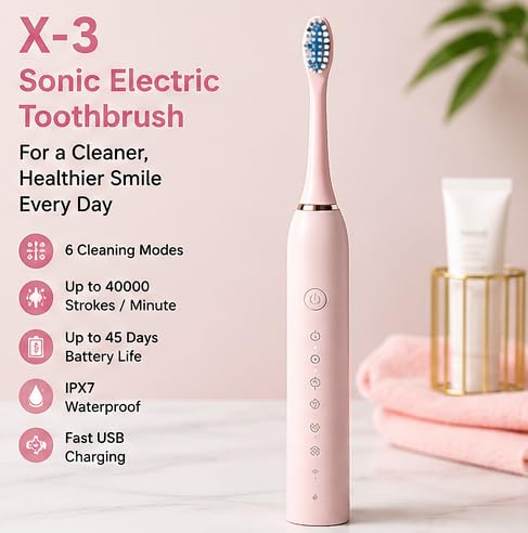 Image of Rechargeable Sonic Electric Toothbrush for Men & Women | Pink | 6 Cleaning Modes | 4 Replaceable Brush Heads | pack of 2