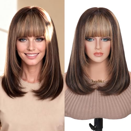 Image of 6x4 Lace Ombre Brown Mixed Blonde Bob Real Human Hair Wig with Bangs for White Women Straight Layered Lace Front Closure Curtain Bangs 2 /27 Wear and Go Glueless 100% Human Hair Wigs 16 Inch