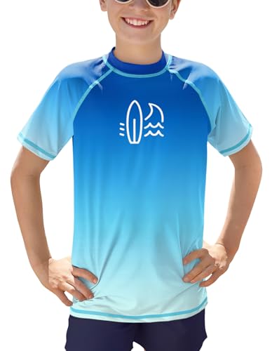 BesserBay Jungen Kinder Druck Badeshirt UV Shirt Blau mit UV-Shutz Schwimmshirt Bademode Rashguard 140
