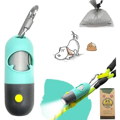 Dog Poop Bag Dispenser with Flashlight|Dog Poop Bag Holder with Leash Clip|Hands-Free Leash Poop Bag Holder with Straps and 1 Roll Dog Waste Bags (Green) Cover