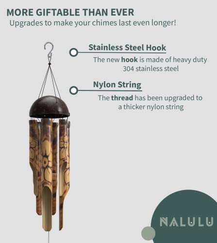 Nalulu Rustic Bamboo Wind Chimes - Outdoor Wooden Windchimes, Small, Floral Burned Design With Coconut Crown, Handcrafted With Calming Deep Tones, Ideal Home Decor #TOP5