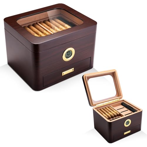 CIGARLOONG Cave à cigares avec Couche et humidificateur et hygromètre intégré et tiroir pour 65 cigares, Cave à cigares de Bureau avec Dessus en Verre...