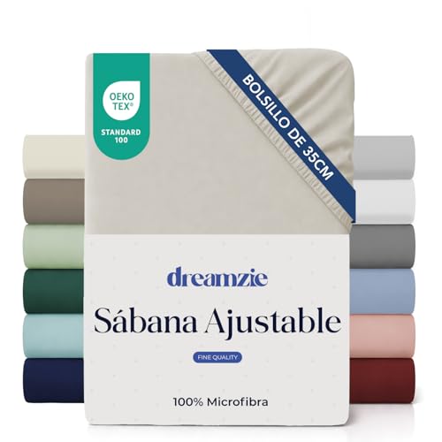 Dreamzie Sabanas 80x190/200 cm - Esquinas de 35 cm para Colchones Gruesos - 100% Microfibra, Beige, Certificada sin Productos Químicos (Oeko Tex), Sabanas Bajeras Completamente Elásticas