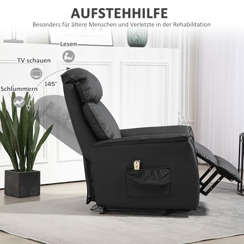 HOMCOM Relaxsessel Elektrisch Fernsehsessel mit Aufstehhilfe, Liegefunktion, TV Sessel mit Fußteil, Seitentasche, Fernbedienung, für Wohnzimmer, bis 150 kg, Kunstleder, Schwarz – Bild 7
