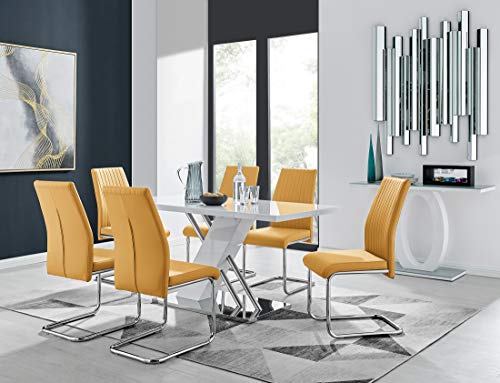Image of Furniturebox UK Sorrento 6 Modern White High Gloss Stainless Steel Metal Dining Table and 6 Stylish Lorenzo Dining Chairs Seats Set (Dining Table + 6 Mustard Lorenzo Chairs)