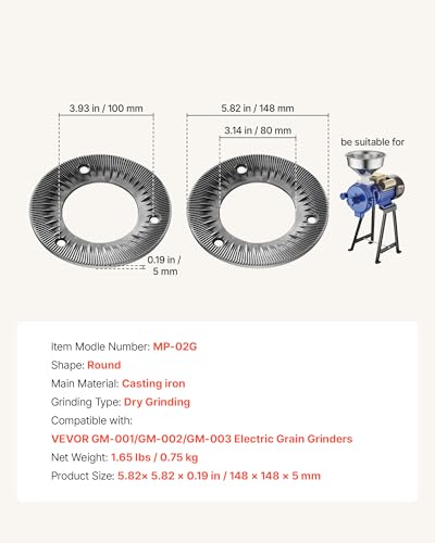 Image of VEVOR 2PCS Grinding Sheets for Electric Grain Mill Grinder, Cast Iron Dry Grinding Discs, Replacement Grinding Plates Compatible with VEVOR GM-001, GM-002, GM-003 Corn Spice Mill Grinder