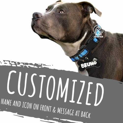 Image of PAWPRO HANDMADE Nylon Reflective Dog Collar With Customizable Bone-Shaped Tag Adjustable For Safety And Comfort, Fits 35-50 Cm Neck Black (Blue, Medium)