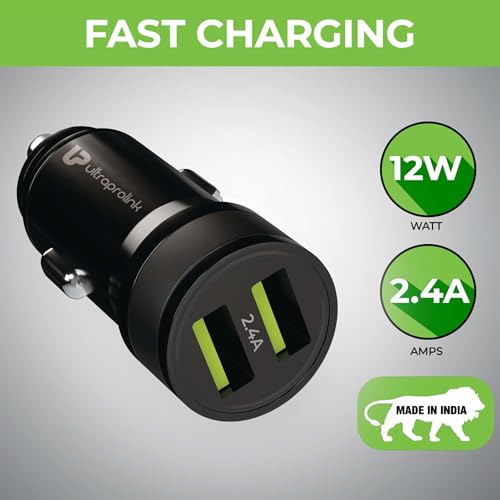 Image of UltraProlink 12W-2.4A Fast Car Charger with Dual USB Ports|Made in India | with USB A-Type C Cable 1m | Mach12 | UM1239 (Black)