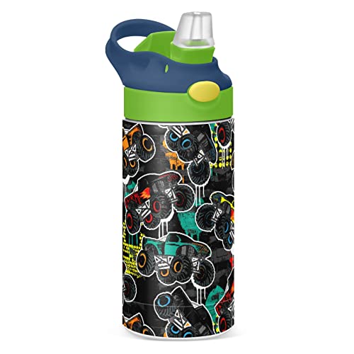 Mchiver Teal Red Monster Truck Kids Water Bottle With Straw Insulated Stainless Steel Kids Water Bottle Thermos For School Boys Girls Reusable Tumbler 12 Oz / 350 Ml Green Top #TOP6