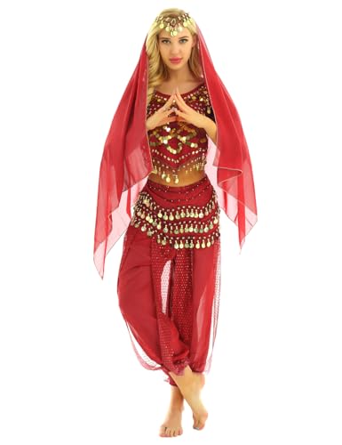 TTAO Femme Ensemble Danse Orientale Belly Dance Robe Danse du Ventre Classique Deguisement Indien Princesse Costume Halloween Carnaval Fêtes Rouge Taille Unique