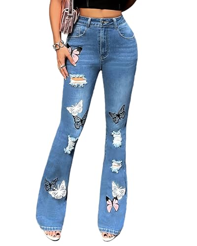 Women's Ripped Butterfly Print Flare Bell Bottom Jeans High Waisted