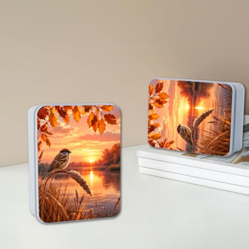 Image of Decorative Metal Tin Box with Lid,Bird Sunset Lake Organizer