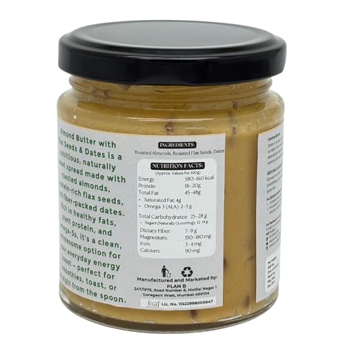 Image of Plan B Almond Butter with Flax Seeds & Dates | 200g Jar | Naturally Sweetened Nut Butter | High Protein | No Added Sugar | Dairy-Free | Gluten-Free Spread