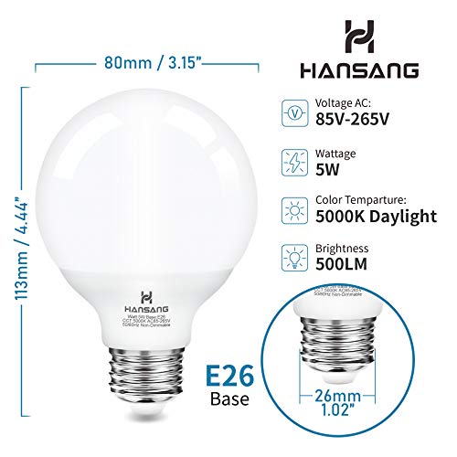Vanity Light Bulb 5000K Daylight 8 Pack G25 LED Globe Light Bulb for Bathroom Vanity Mirror Decorative,E26 Medium Base,Hansang 5W 60W Incandescent Equivalent,500LM,Non-dimmable