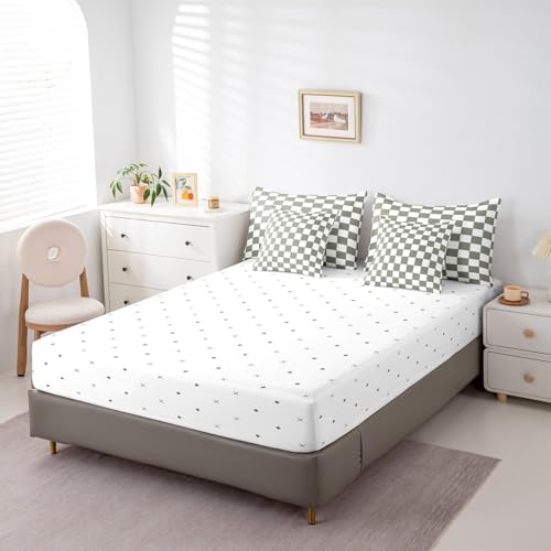 Image of Erosebridal White Sage Green Checkered King Bedding Set 7 Piece Buffalo Plaid Grid Comforter Set with Sheets for Kids Adults Men Women Checkerboard Bed in A Bag Aesthetics Gingham Bed Set