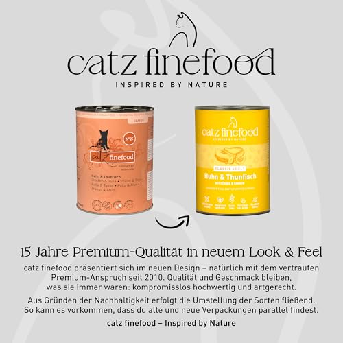 catz finefood N° 25 Huhn & Thunfisch Feinkost Katzenfutter nass, verfeinert mit Kürbis & Hagebutte, 6 x 400g Dosen