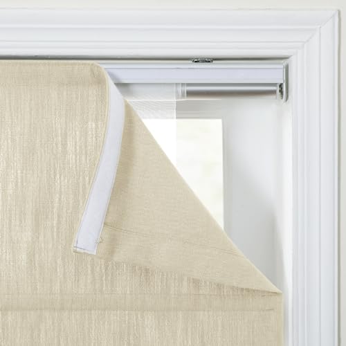 Image of TWOPAGES Isabella No Drill Cordless Roman Shade Linen Textured Cotton Roman Blind for Windows, Custom Made Room Darkening Blackout Roman Window Shade, Hardware Included, Gardenia, 1 Piece
