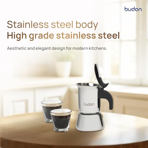 Image of Budan Moka Pot 2 Cup Stainless Steel Espresso Maker | Stovetop Coffee Maker | Works on Gas, Induction & Electric Stove | Durable Steel Body