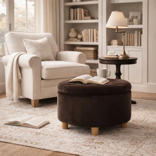 Image of HomePop 28 inch Button Tufted Velvet Round Storage Ottoman - Chocolate Brown Velvet