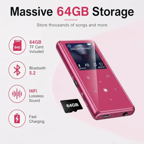 Image of 64GB MP3 Player with Bluetooth 5.2, Music Player with Built-in HD Speaker, FM Radio, Voice Recorder, HiFi Sound, E-Book Function, Rose Red