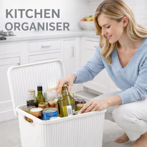 Image of Plastic Storage Box with Lid - Large Stackable Organizer Storage Box for Clothes, Toys, Kitchen - Big Size Plastic Storage Container Basket for Home, Office, Bathroom(Large,Pack of 1,White)
