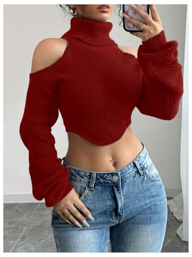 SOLY HUX Sweaters for Women Turtleneck Cold Shoulder Long Sleeve Cropped Pullover Tops Knit Fall Sweater4