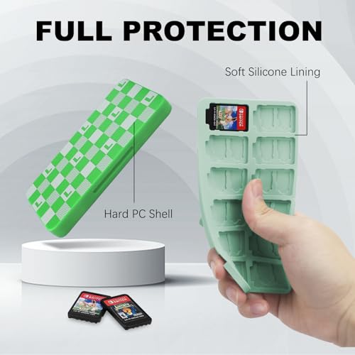 Image of FYY Nintendo Switch Game Case Holder for Switch 2 Cartridge Case with 24 Game Card Slots & 48 Micro SD Card Slots, Hard Shell, Silicone Lining Green L Pattern