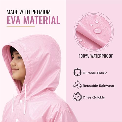 Image of Robustt Kids Eva Raincoat for Boys & Girls (8-16 Years) with Full Sleeves with Elastic Cuff | Unisex Hooded Kids Rain Coat with Drawstring | Reusable Raincoat with Snap Button Closure | Knee Length