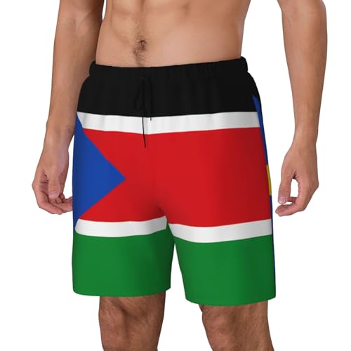 Flag of South Sudan Print Men's Casual Swim Shorts, Comfortable Double Layer Beach Trunks for Lounging & Swimming2